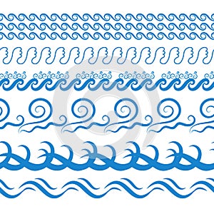 Sea Water Waves Vector Seamless Borders, Aqua Elements or Tide Lines