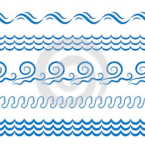 Sea Water Waves Vector Seamless Borders, Elements or Lines