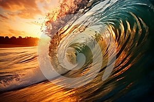 Sea wave backlit by sunset, generative ai