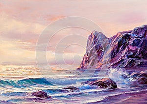 Sea wave on the beach at sunset time  sun rays  painting by oil on canvas