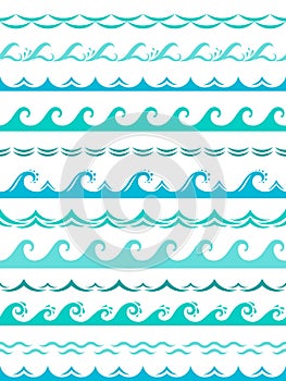 Sea wave borders. Seamless ocean storm waves wavy surface blue water splash silhouette elements horizontal frame vector