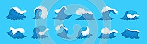 Sea wave cartoon set. Blue water ocean waves, marine surf wave, ripples tides sea storm, tidal different shapes vector