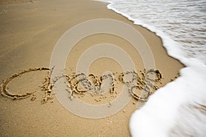 Sea wave with change texts on the sand