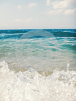 Sea wave close up, low angle view water background