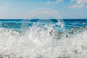 Sea wave close up, low angle view water background