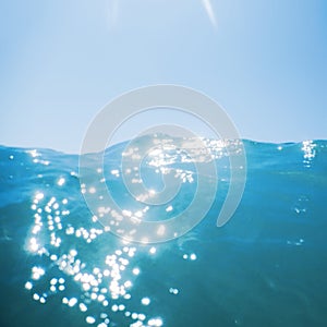 Sea wave close up, low angle view water background