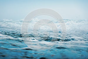 Sea wave close up, low angle view water background