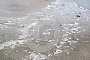 Sea wave with a dirty foam on sand beach