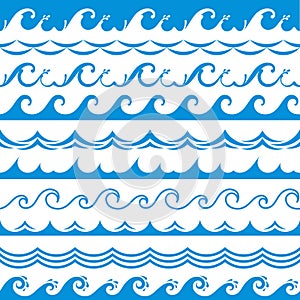 Sea wave frame. Seamless ocean storm tide waves wavy river blue water splash design elements horizontal borders vector photo