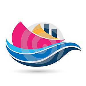 Sea wave globe water wave people ship boat sailing wave globe illustrations icon logo