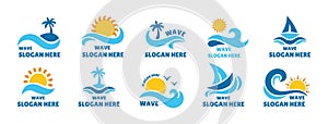 Sea wave logo. Beach logotype or emblem, coast shape, ocean aqua tide, water edge, surf marine label, spray and splashes