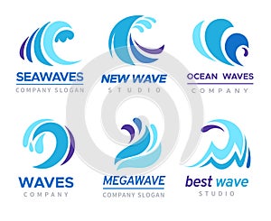 Sea wave logo. Ocean storm tide waves wavy river blue water splash design emblems labels vector isolated collection