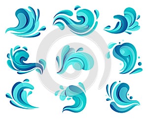 Sea wave or ocean tidal gale, river water icons