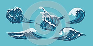 Sea wave,ocean vector flat design illustration.Isolated water splash set