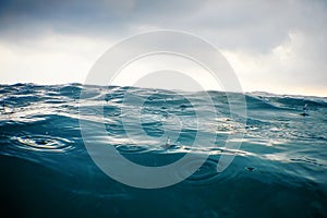 Sea Wave in the Rain close up, low angle view water background