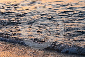 Sea wave splashes close up. Ripple sea water surface with golden sunset light.