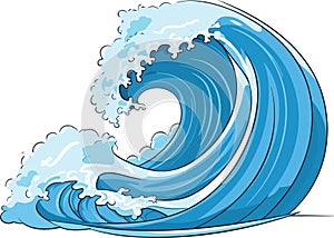 Sea wave. Vector Illustration of blue ocean wave with white foam. Isolated cartoon splash