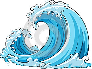 Sea wave. Vector Illustration of blue ocean wave with white foam. Isolated cartoon splash