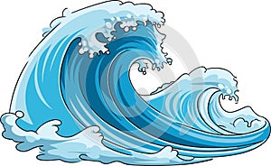 Sea wave. Vector Illustration of blue ocean wave with white foam. Isolated cartoon splash