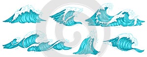 Sea wave. Vintage ocean waves, blue water tide and tidal wave hand drawn vector illustration set photo