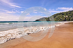 Sea waves. Blue sky. Green trees. Bright sand