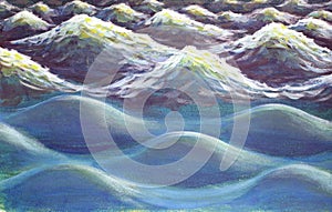 Sea waves close-up painting with acrylics. Large water waves illustration art background