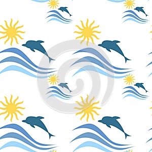 Sea Waves With Dolphins Summer Vacation Seamless Pattern