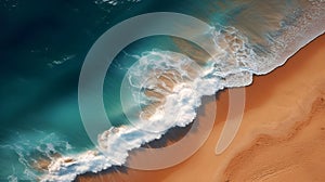 Sea waves with foam on the beach. Aerial drone point view. Huge turquoise ocean waves breaking on a lonely sandy beach on island.