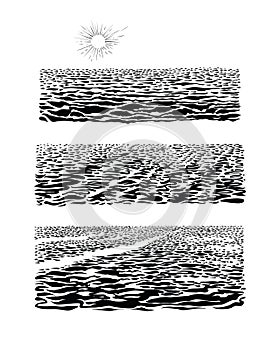 Sea waves, hand drawn ink sketch. Vector illustrations of big water with horizon