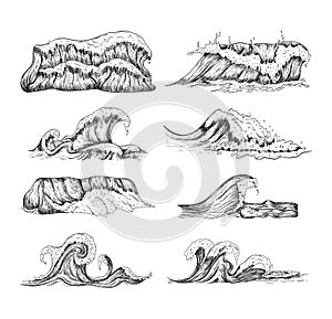 Sea waves handdrawn sketch set. Sketch ocean waves collection.