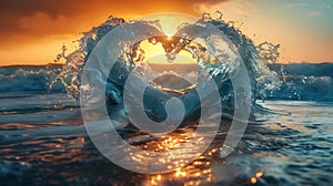 Sea waves with hear shape water splash with bubbles on the ocean at beautiful sunset AI generated