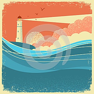 Sea waves with lighthouse.Vintage nature poster of seascape