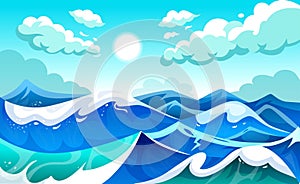 Sea waves. Ocean landscape. Water ripple surface. Sun and clouds in day sky. Marine pattern. Cartoon seascape. Blue