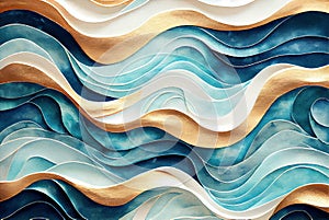 Sea waves pattern abstract background, blue and gold volumetric waves texture