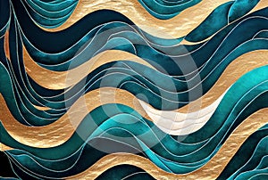 Sea waves pattern abstract background, blue and gold volumetric waves texture