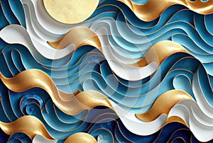 Sea waves pattern abstract background, blue and gold volumetric waves texture