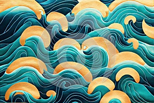 Sea waves pattern abstract background, blue and gold volumetric waves texture