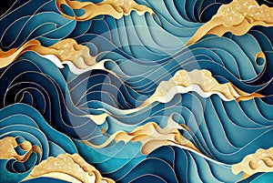 Sea waves pattern abstract background, blue and gold volumetric waves texture