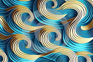 Sea waves pattern abstract background, blue and gold volumetric waves texture