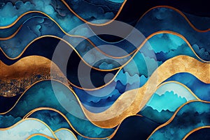 Sea waves pattern abstract background, blue and gold waves texture