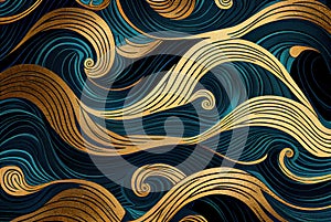 Sea waves pattern abstract background, blue and gold waves texture
