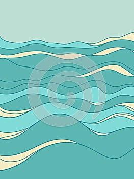Sea waves poster. Vector vintage seascape horizone. Sea minimalist modern line art blue landscape illustration background