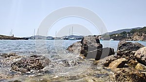 Sea waves on rocky shore. Tourist destination at sea. Majorca Island