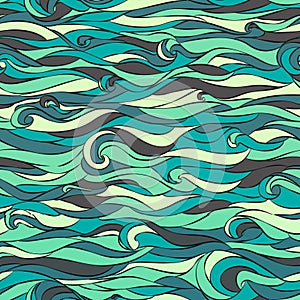 Sea waves seamless pattern. Absract beautiful sea background. Vector graphic illustration. Blue green