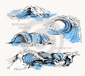 Sea waves. Sketch ocean waves. Vintage hand drawn ocean tidal storm waves isolated with blue texture for surfing and