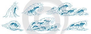 Sea waves sketch. Storm wave, vintage tide and ocean beach storms hand drawn vector illustration set photo