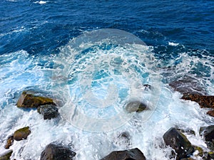 Sea waves - splashes, wave break blue water and white foam