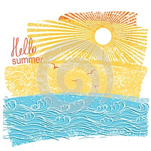 Sea waves and sun. Vector illustration of sea landscape with tex