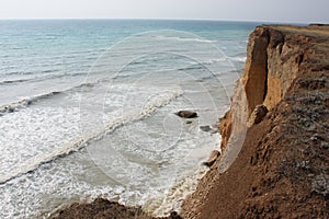 Sea waves, surf. Rocks and cliffs. Black Sea.