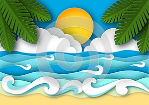 Sea waves and tropical beach in paper art style. Travel concept vector illustration